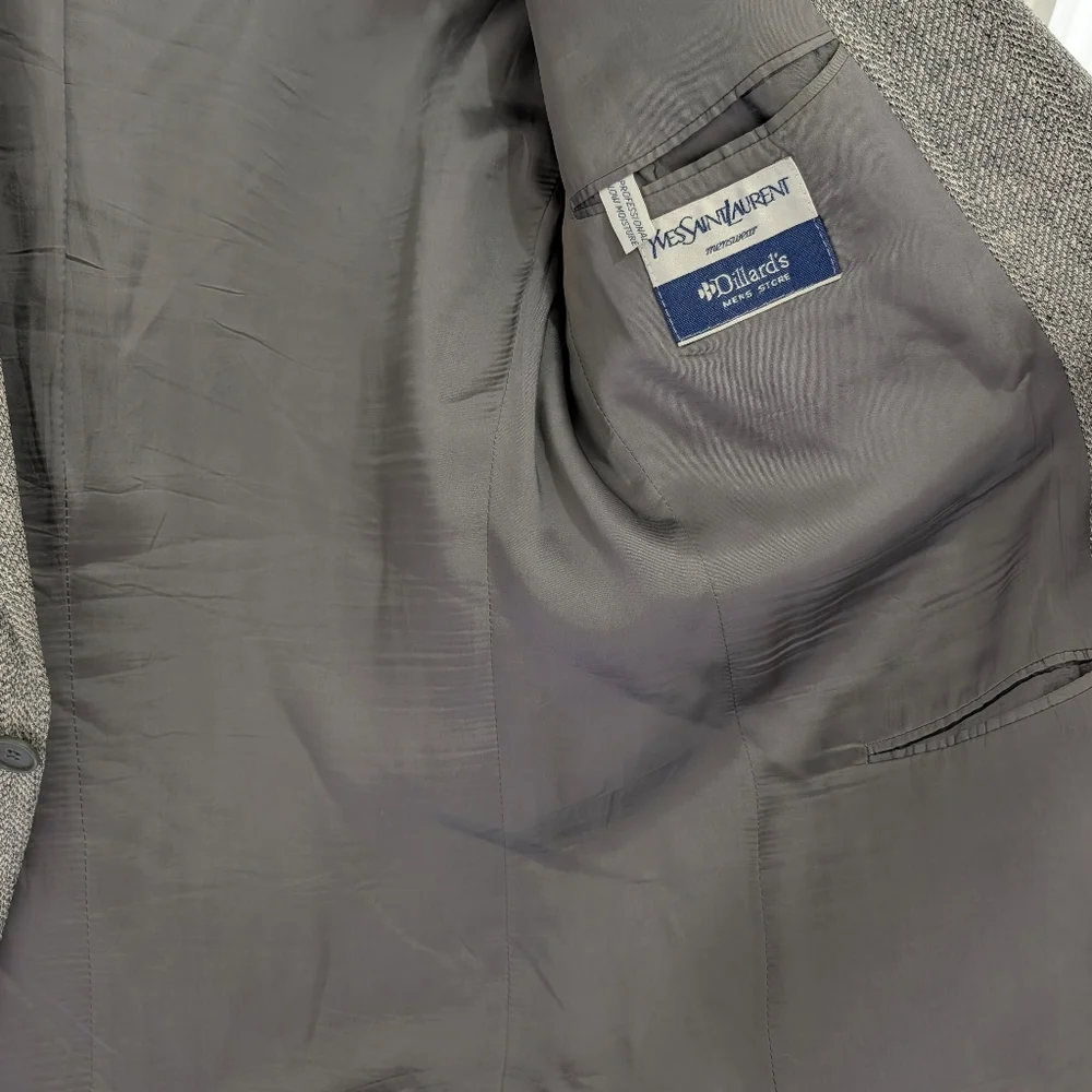 YSL Pour Homme Wool Blazer 42R Gray Herringbone Made France Quiet Luxury - Picture 6 of 11